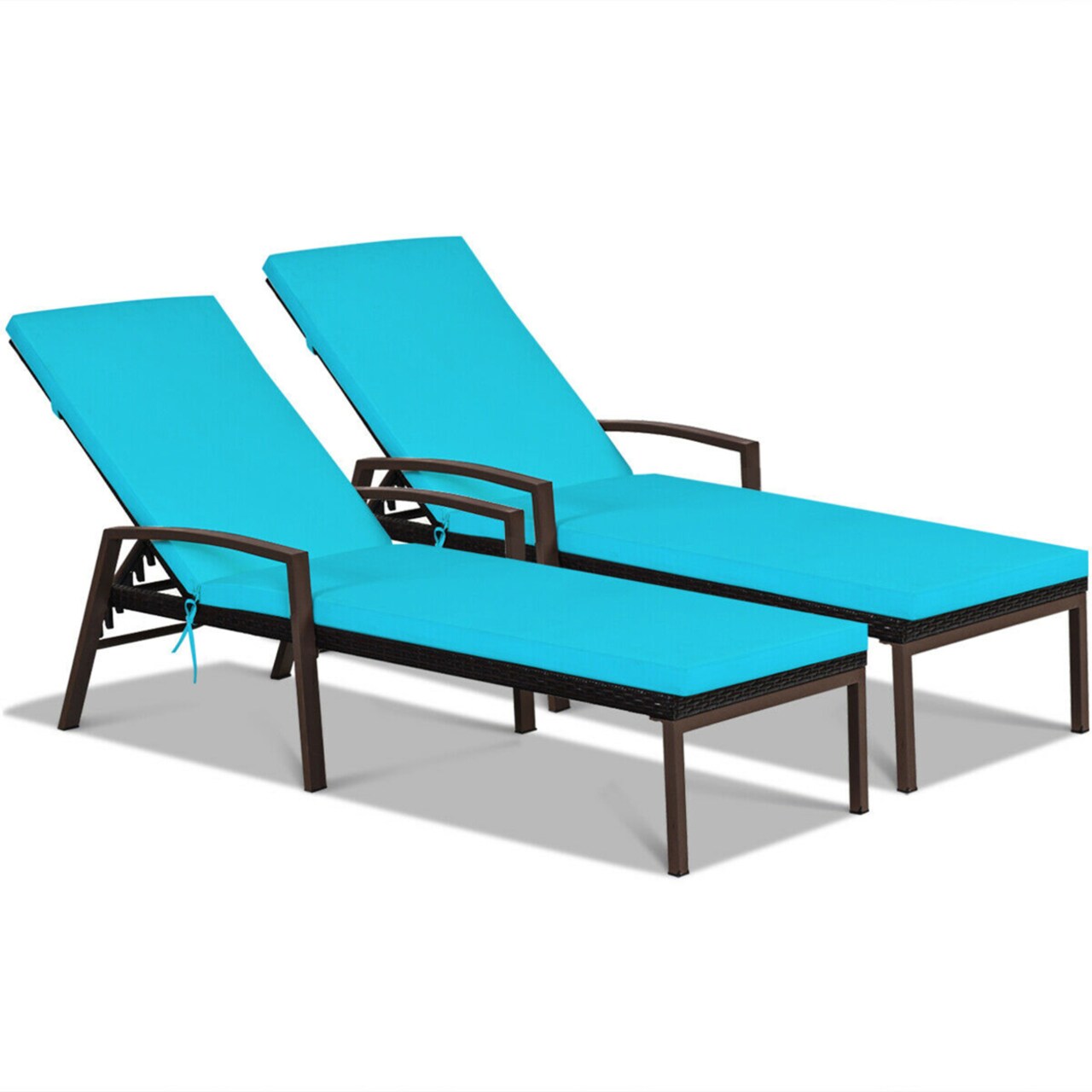 2Pcs Adjustable Patio Rattan Chaise Recliner Lounge Chair W/ Turquoise Cushion
